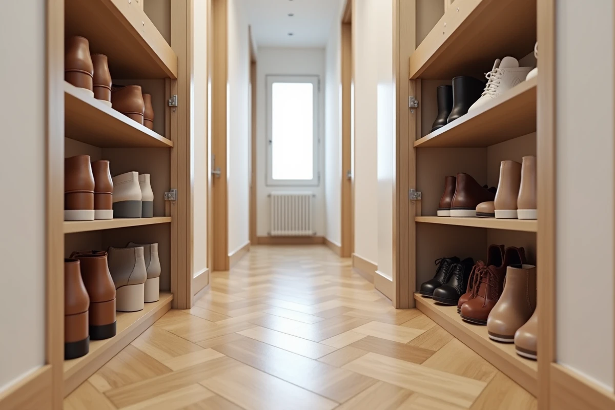 Comparaison entre un meuble à chaussure Nano bien organisé et mal rangé dans une entrée d'appartement moderne