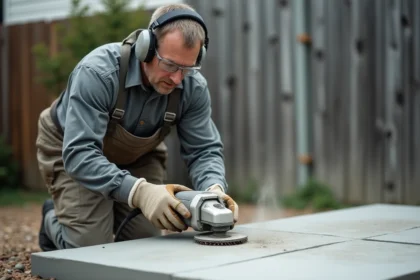 Ouvrier utilisant une meuleuse d'angle pour couper une dalle béton dans un jardin, avec équipements de protection individuelle