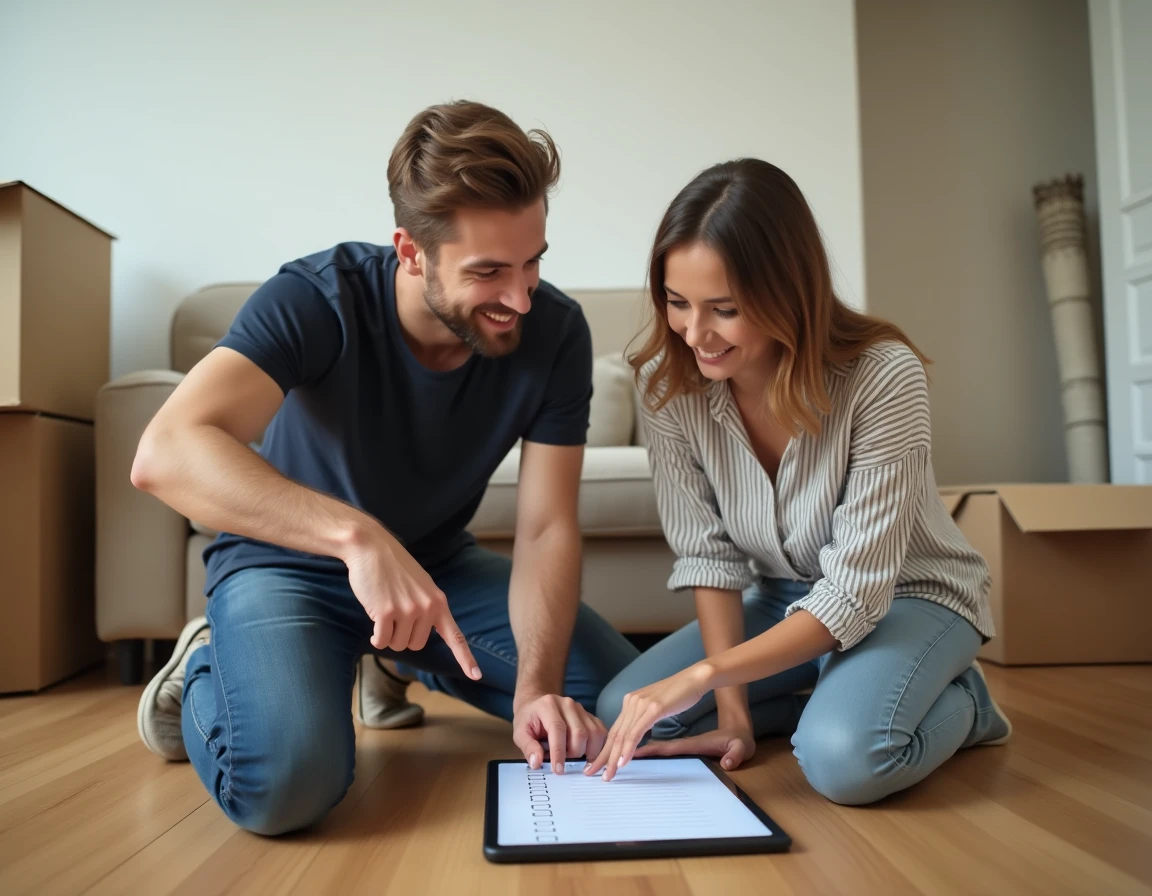 Couple consultant ensemble une checklist déménagement sur tablette entouré de cartons dans leur nouveau salon