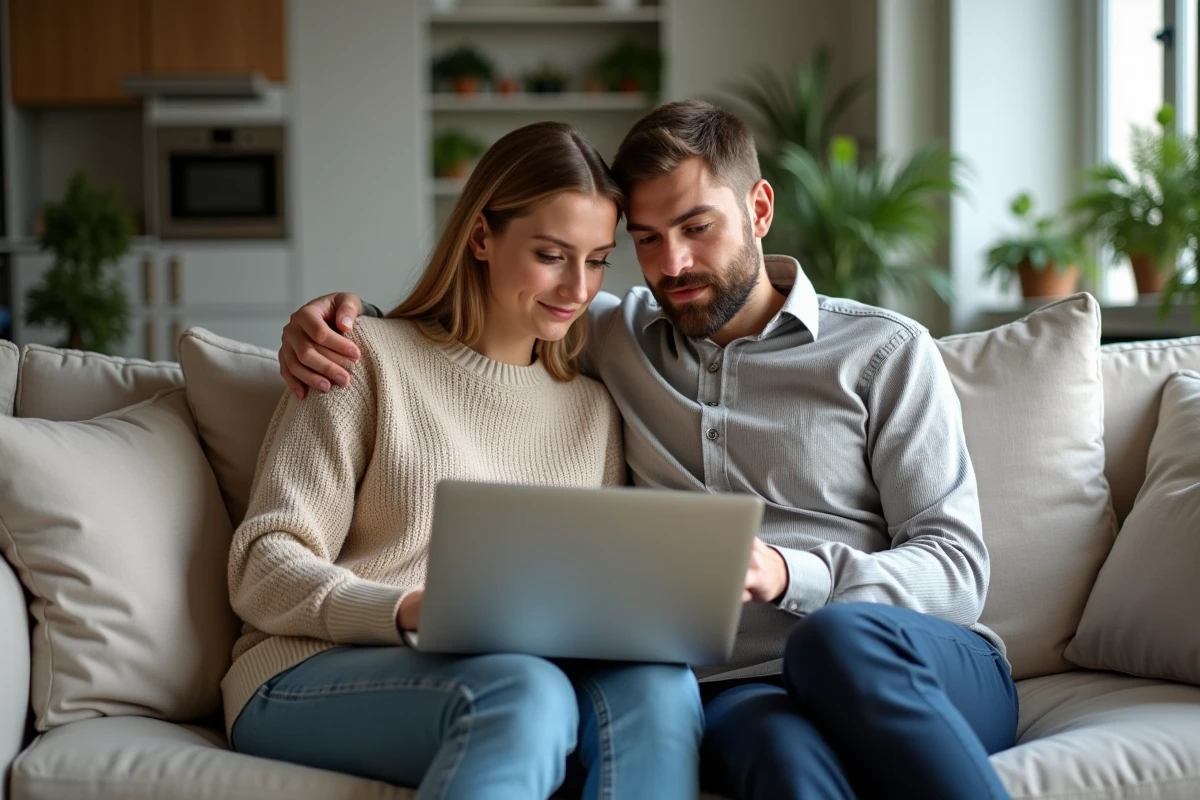 Couple consultant une plateforme de services à domicile sur laptop dans un salon parisien moderne