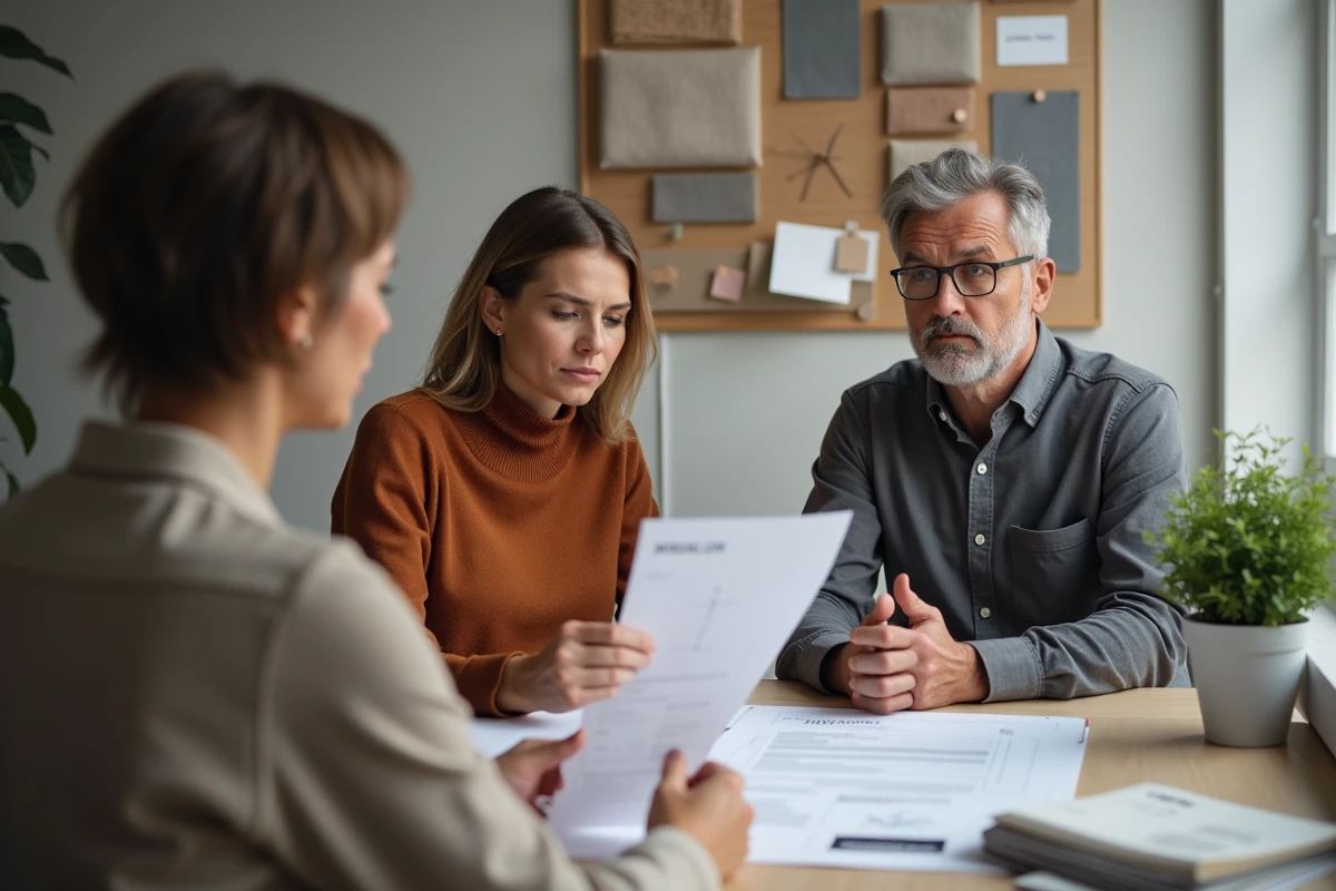 Couple discutant d'un devis avec un conseiller en décoration intérieure dans un bureau de consultation, illustrant l'importance de bien comprendre les offres Ancronix Maison pour éviter les erreurs