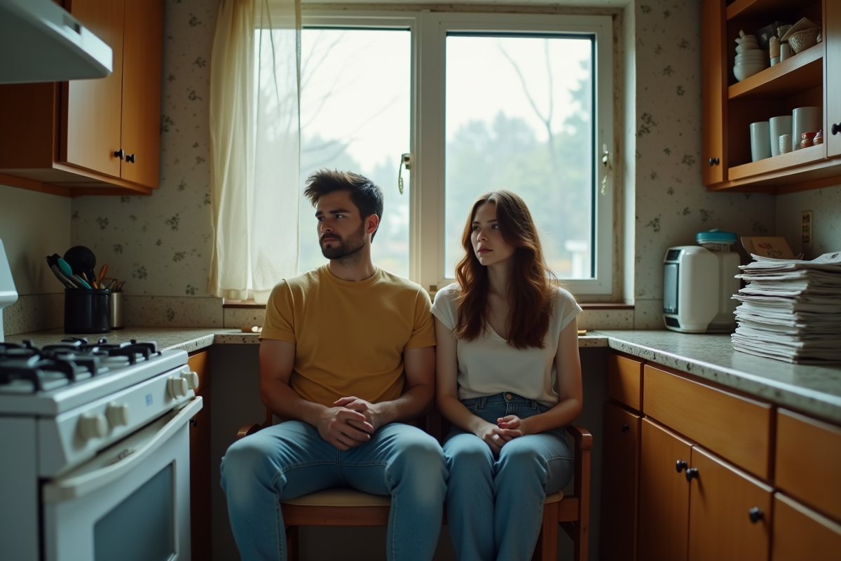 Jeune couple dans une cuisine ancienne et encombrée