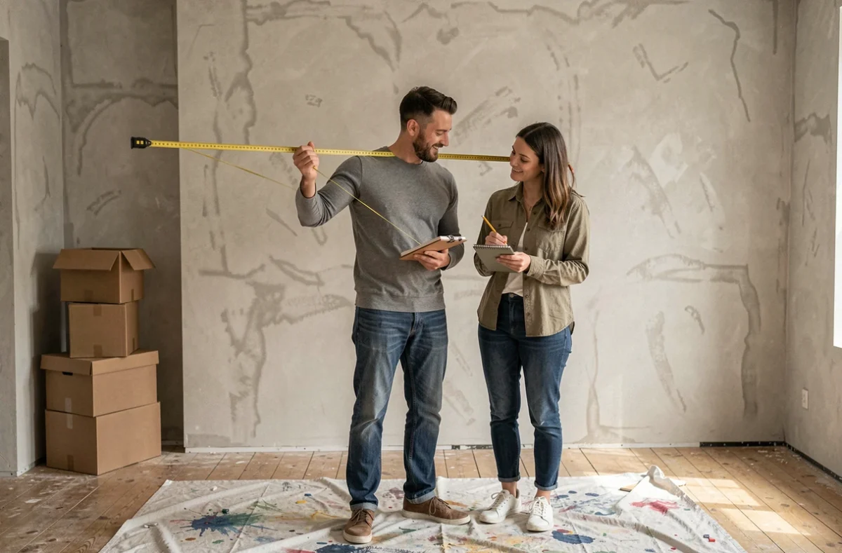 Couple prenant des mesures dans un salon en cours de rénovation pour préparer un devis de décoration intérieure