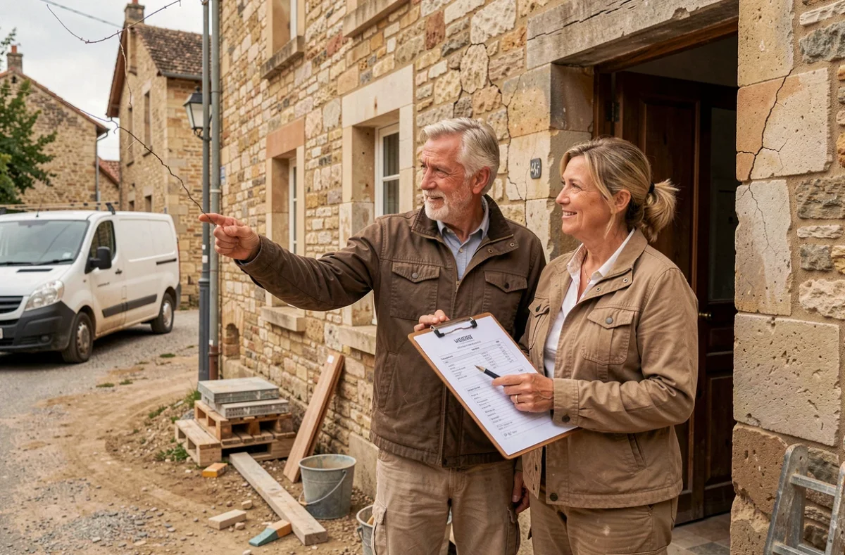 Couple de particuliers évaluant les tarifs de rénovation de facade d'une maison en pierre