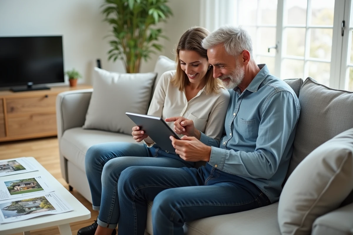 Couple recherchant un bien immobilier en ligne sur une tablette dans leur salon pour préparer un achat sécurisé