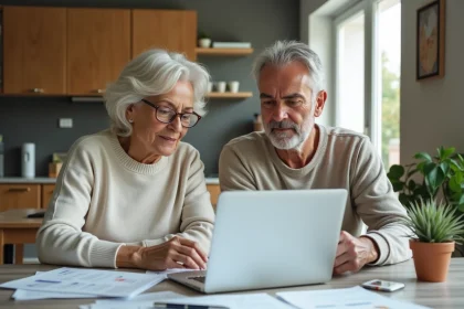 Couple de milieu d'âge examinant devis rénovation dans la cuisine