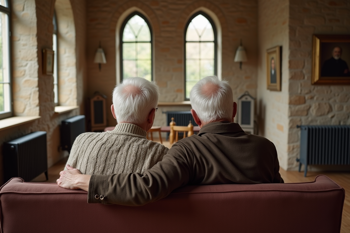 Couple âgé assis sur un canapé en pierre dans une salle à manger chaleureuse