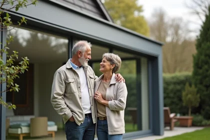 Couple discutant devant une veranda aluminium moderne