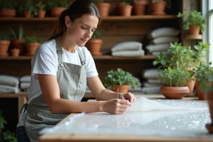 Femme cousant à la main une bâche à bulle réutilisable dans un atelier de jardin en bois, avec fils et aiguille visibles