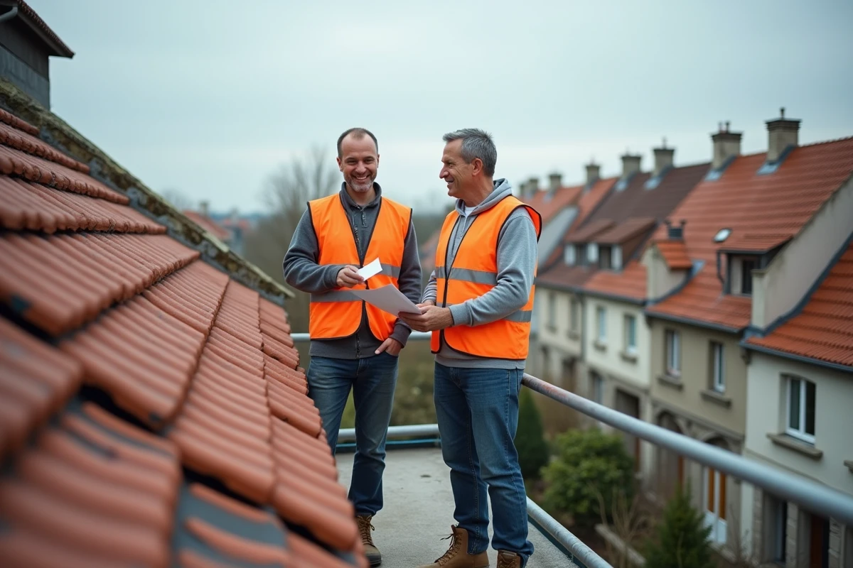 Deux couvreurs sur un échafaudage évaluant les travaux de réfection de toiture de 100m2, devis charpente et couverture en cours