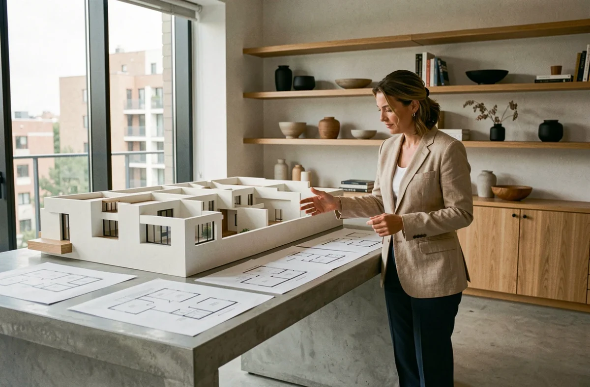 Décoratrice et architecte d'intérieur à Toulouse présentant un modèle architectural dans son studio épuré
