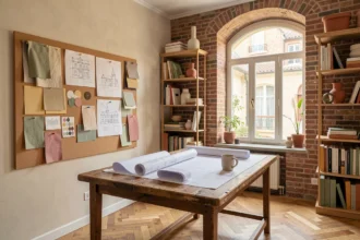 Atelier de décoration d'intérieur en Haute-Garonne avec tableau d'inspiration, échantillons de matières et plans architecturaux