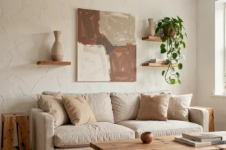Coin salon décoré avec tableau abstrait, sculptures céramiques et étagères en bois naturel pour un intérieur unique