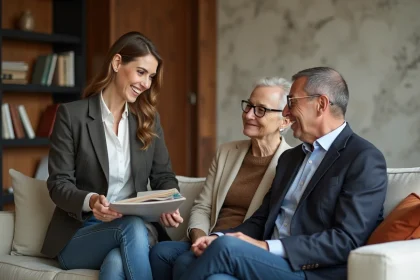 Decoratrice d interieur souriante avec un couple dans un salon chaleureux