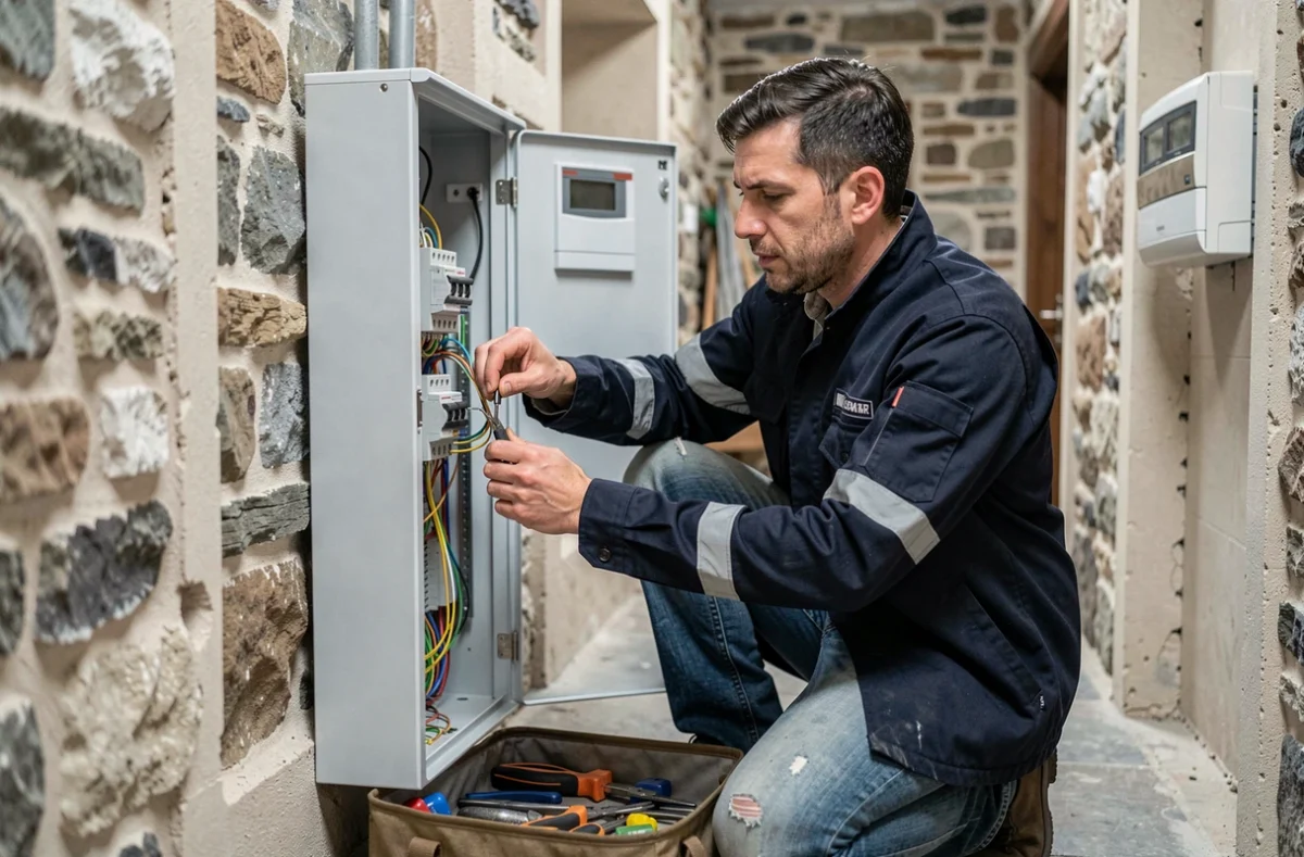 Électricien de Demiray Electricite Generale câblant un tableau électrique dans une ferme rénovée de l'Orne