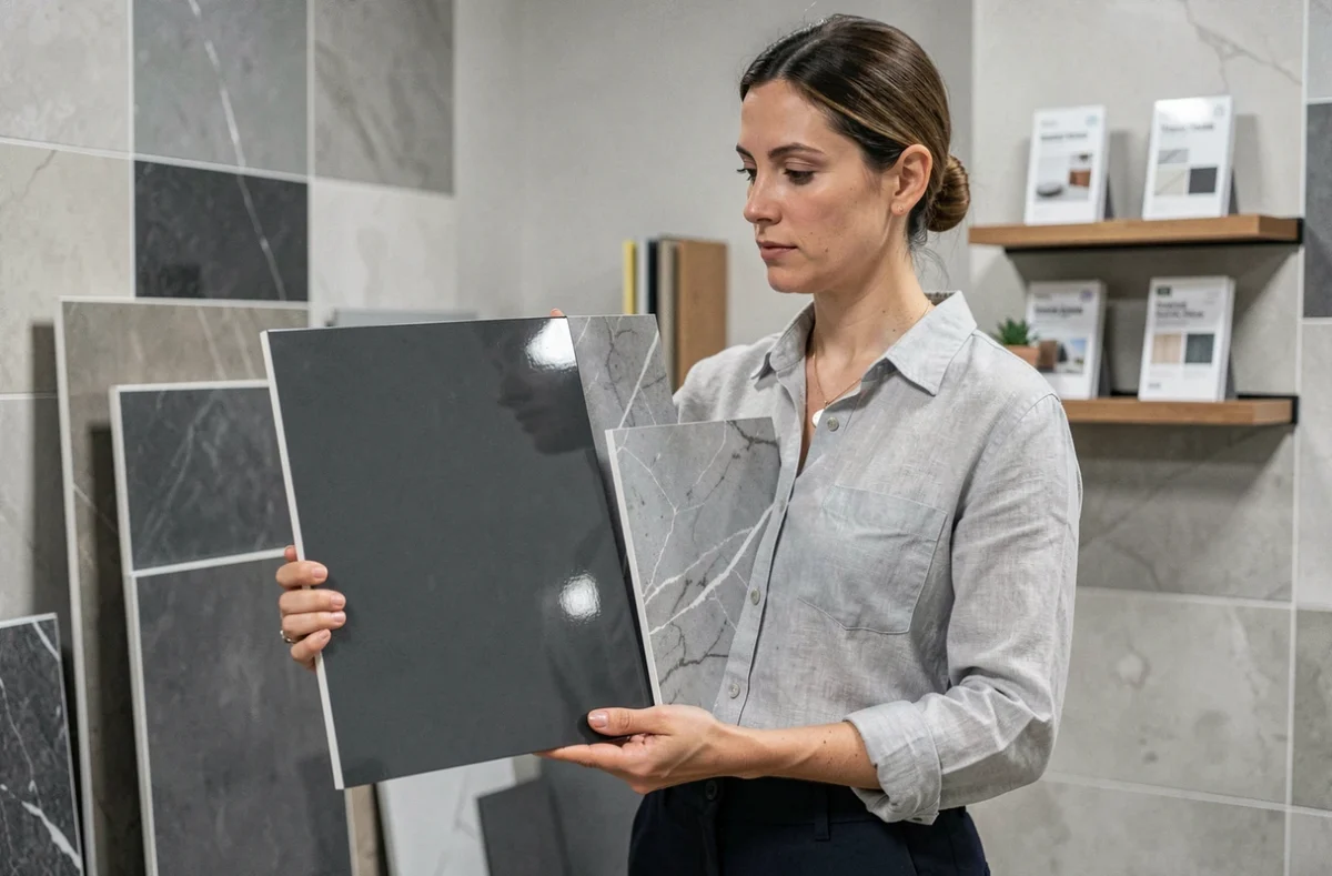 Décoratrice comparant deux échantillons de dalles PVC murales en showroom, finitions anthracite brillant et marbre mat