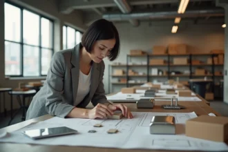 Designer étudiant des prototypes de modules Delpherm dans un studio de design industriel moderne en 2026