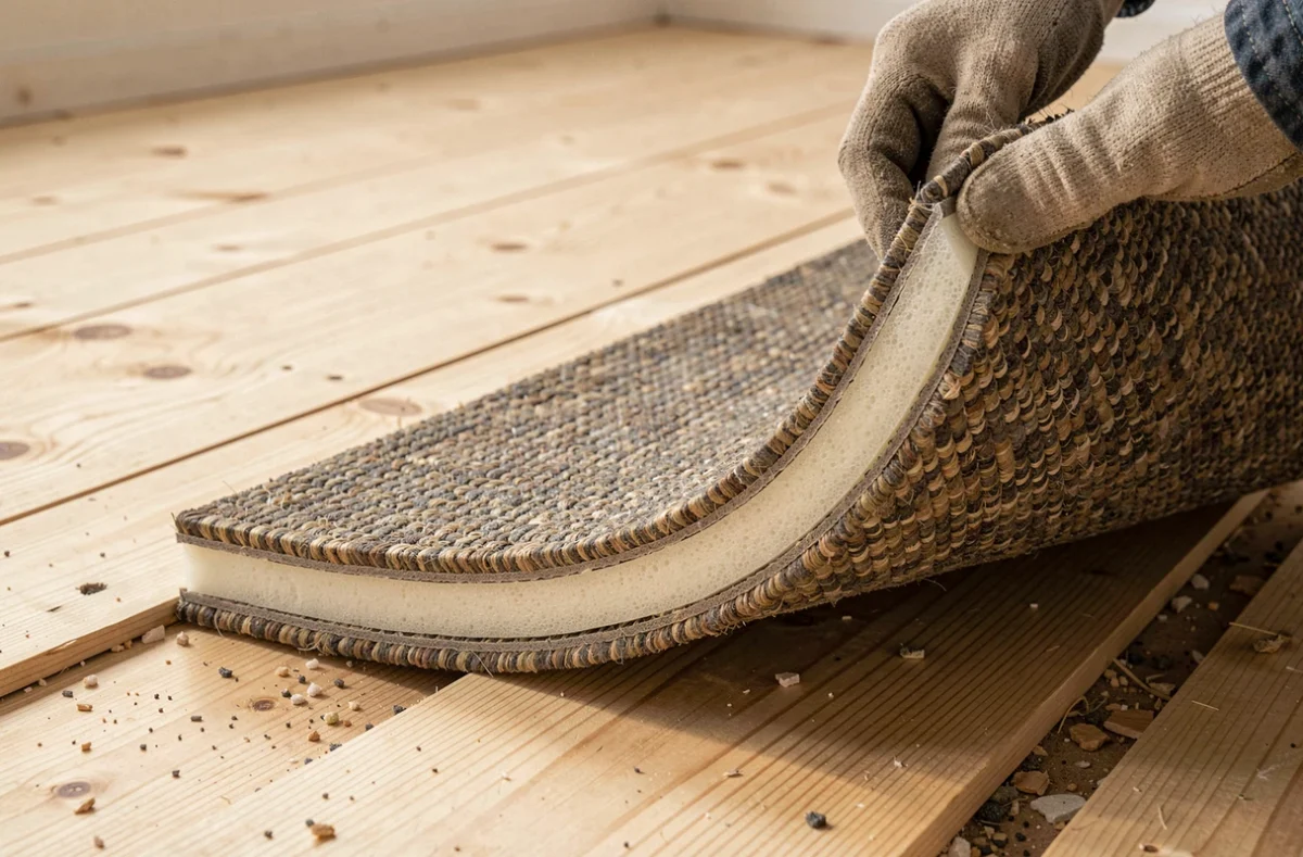 Gros plan sur la coupe transversale d'une moquette isolante thermique révélant la couche de mousse sur un plancher en pin