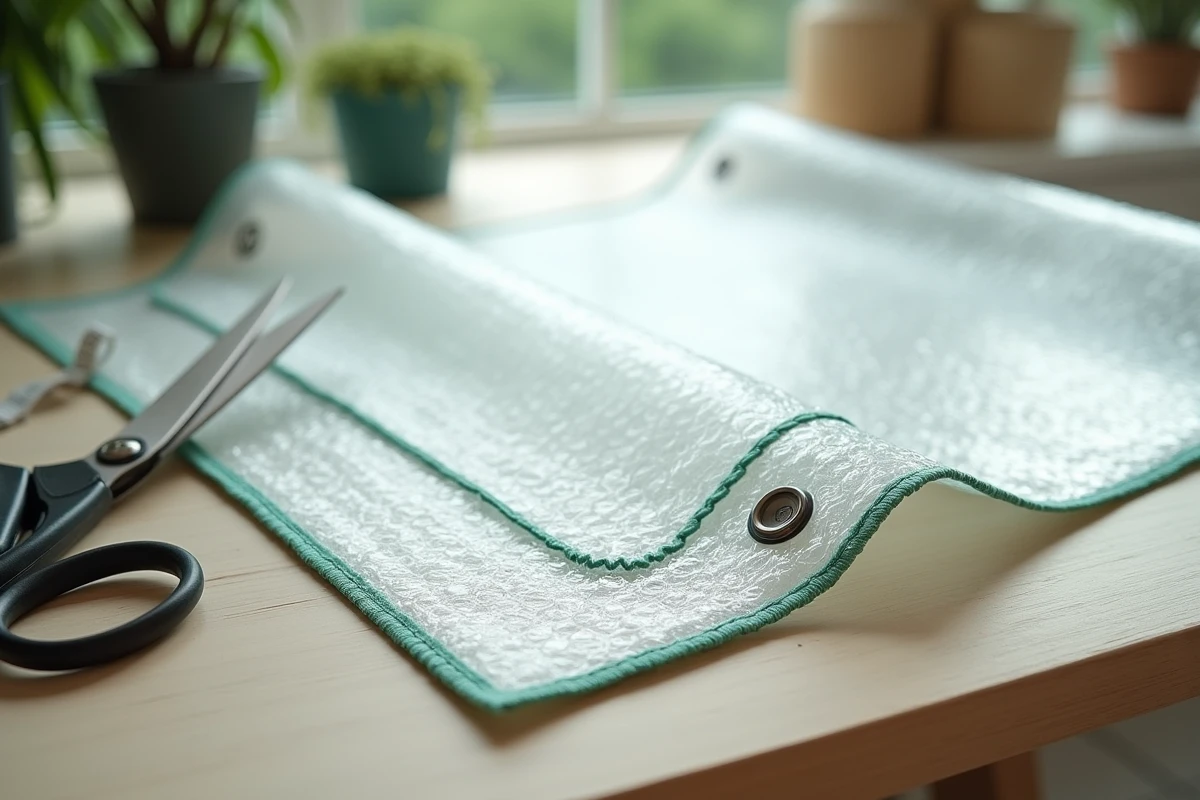 Gros plan sur l'ourlet cousu et l'œillet d'une bâche à bulle réutilisable avec outils de couture sur une table en bois