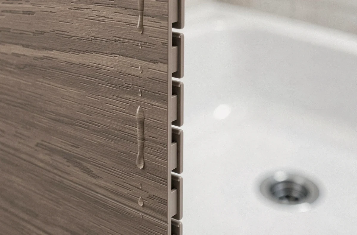 Gros plan sur les dalles murales PVC imitation bois taupe avec emboîtement et gouttes d'eau dans une douche