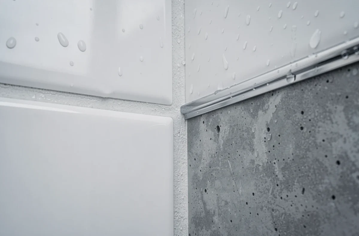 Gros plan sur le raccord entre deux dalles PVC murales dans une douche, finitions béton mat et blanc brillant avec baguette chromée