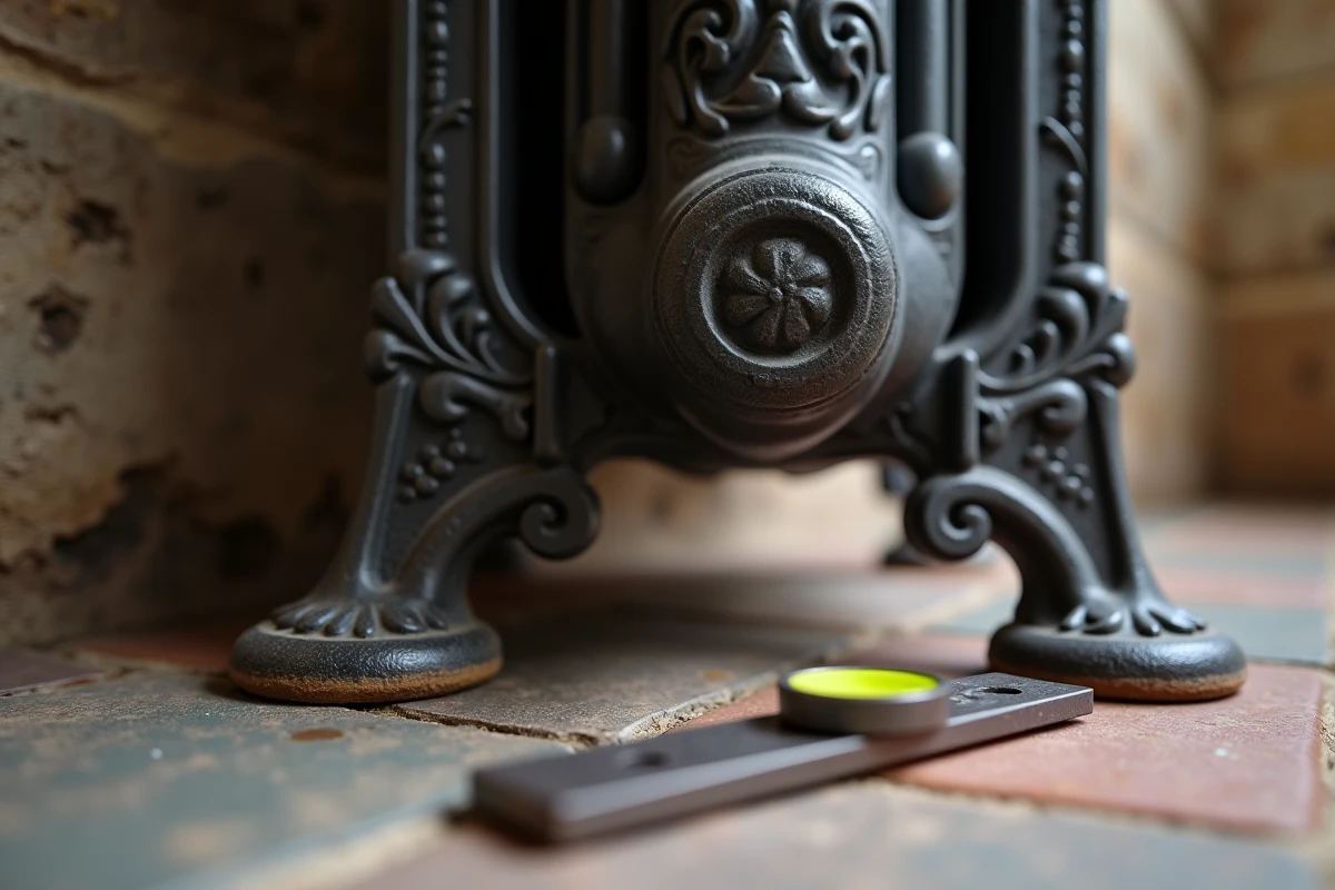 Gros plan sur des pieds de radiateur en fonte posés sur des cales antivibrations avec un niveau à bulle sur carrelage ancien