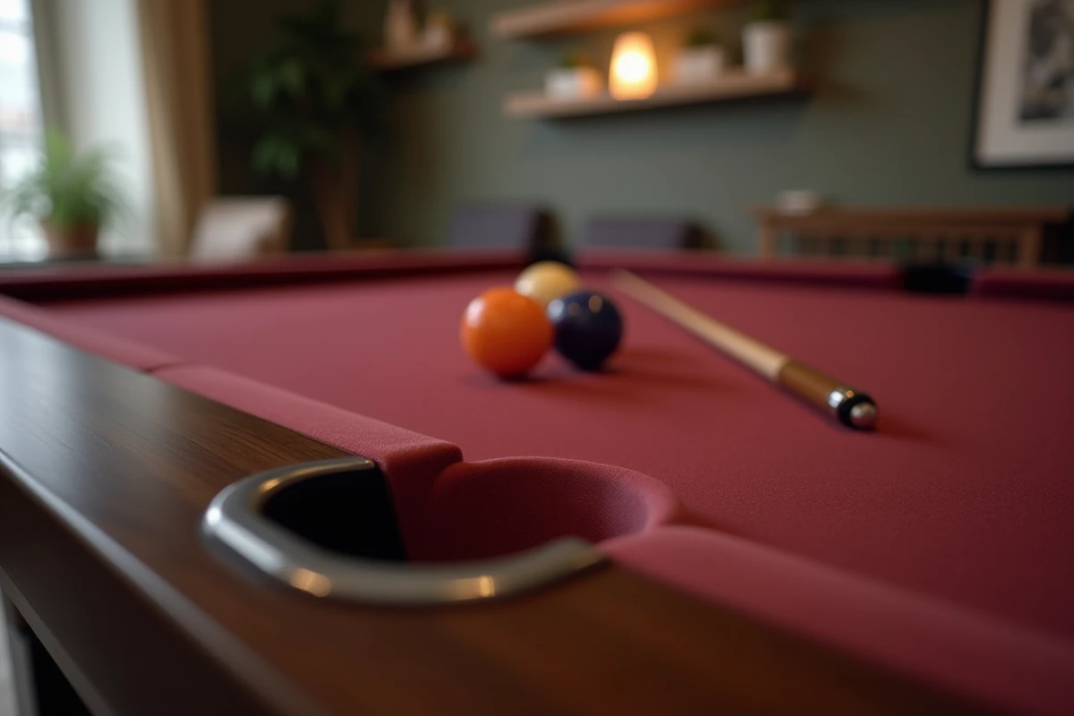 Détail de la poche d'angle d'un billard américain avec tapis bordeaux et cadre en noyer dans une salle de jeux contemporaine