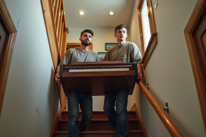 Jeunes monteurs portant un piano dans un escalier étroit