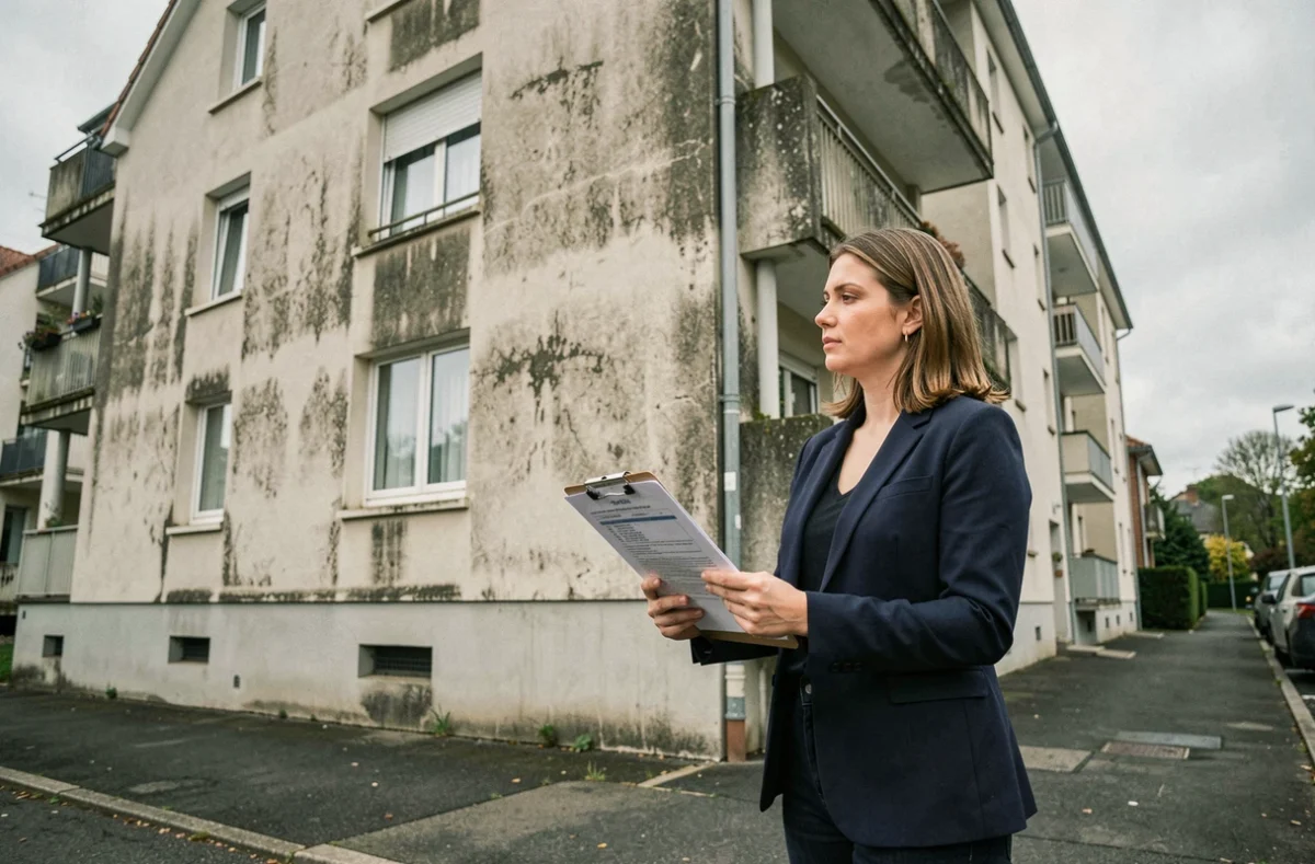 Professionnelle évaluant le coût de nettoyage d'une façade d'immeuble résidentiel avec un devis en main