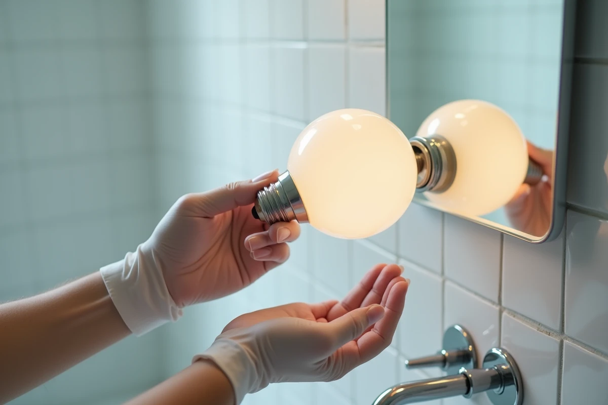 Gros plan sur le dévissage d'une ampoule globe d'une douille murale dans une salle de bain
