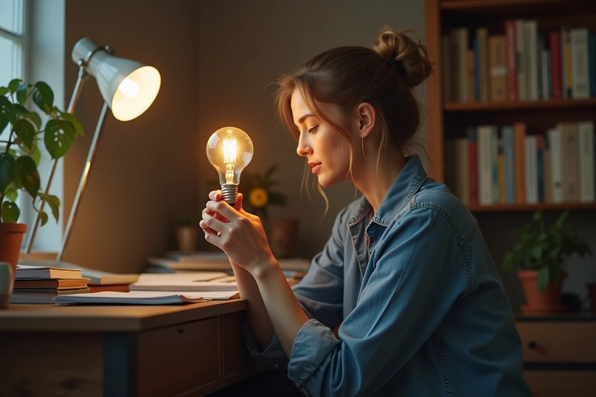 Femme dévissant une petite ampoule à baïonnette d'un support de lampe de bureau