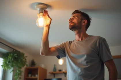 Homme dévissant une ampoule à vis d'une douille de plafonnier dans un appartement
