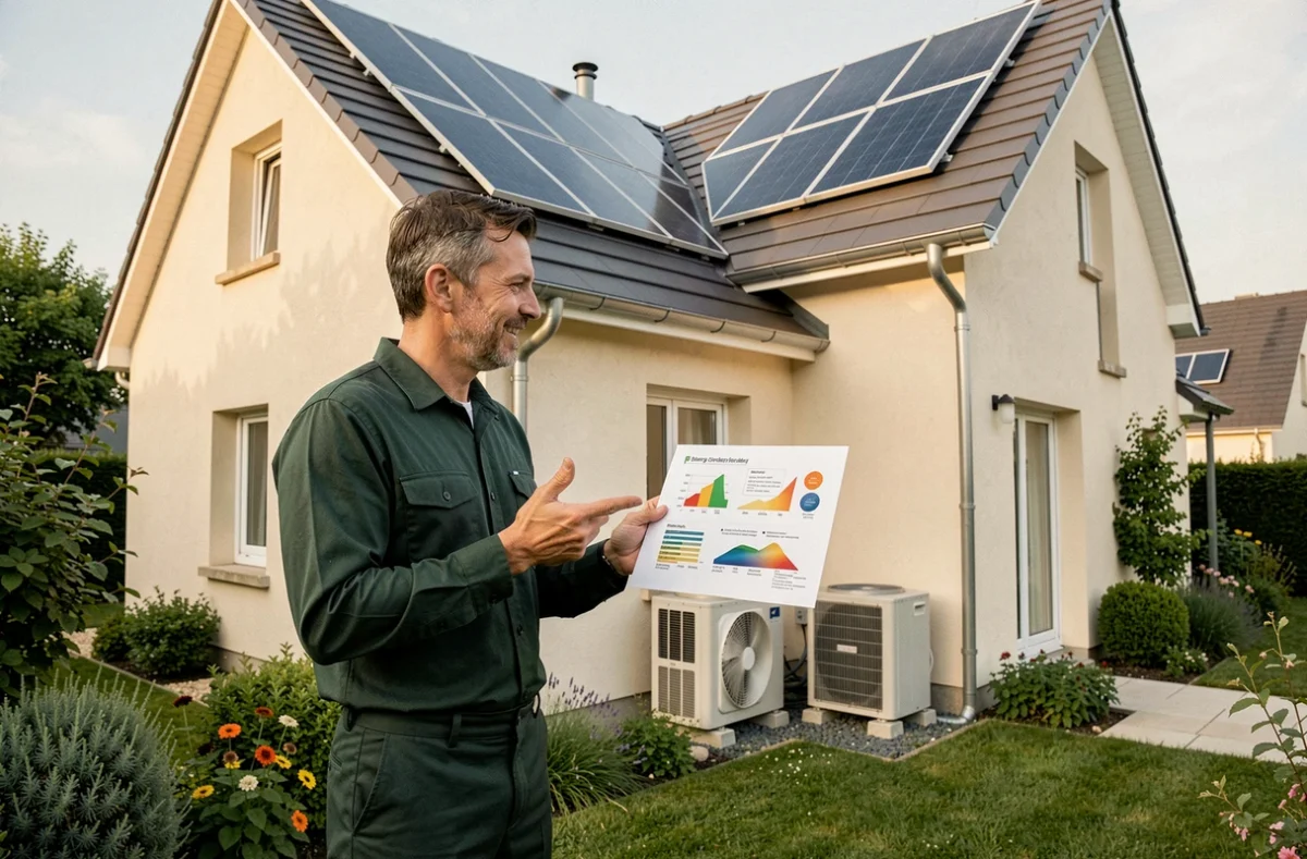 Consultant en solutions énergétiques globales devant une maison équipée de panneaux solaires et climatisation en Lorraine