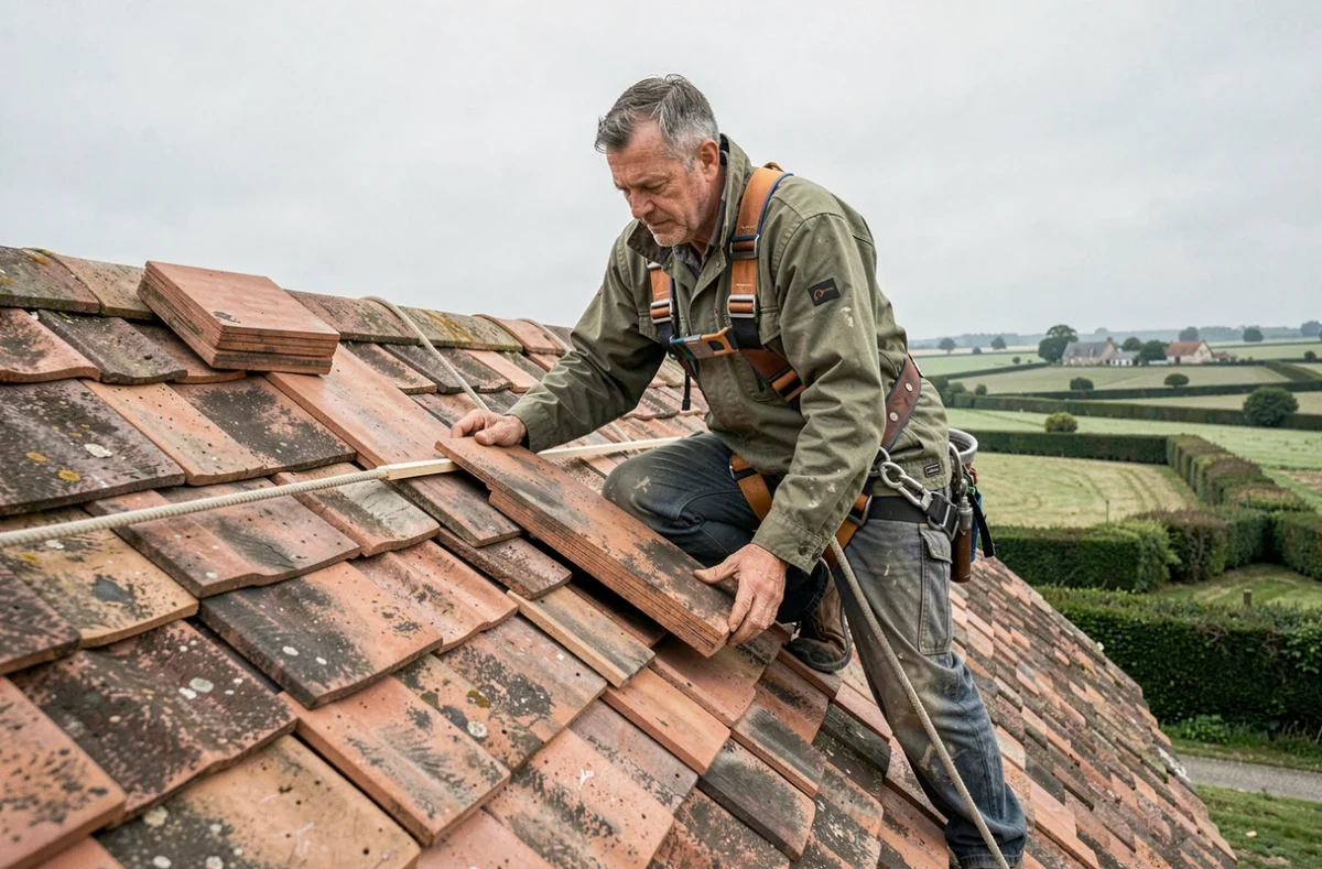 Couvreur de EI Julien Derouault Couverture posant des tuiles en terre cuite sur une toiture normande dans l'Orne