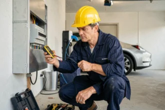 Électricien professionnel inspectant un tableau électrique triphasé dans un garage avant l'installation d'une borne de recharge pour véhicule électrique
