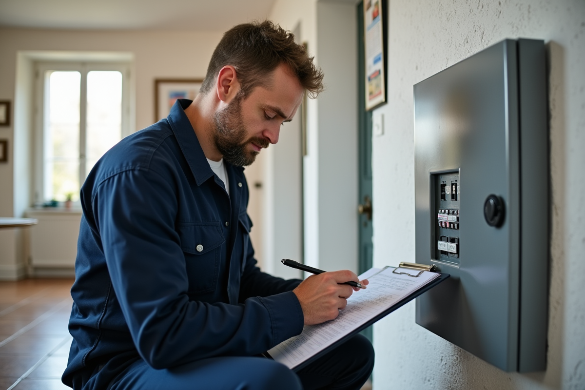 Électricien en uniforme près d'un tableau électrique dans un appartement