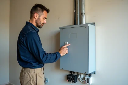 Électricien examinant un tableau électrique mural