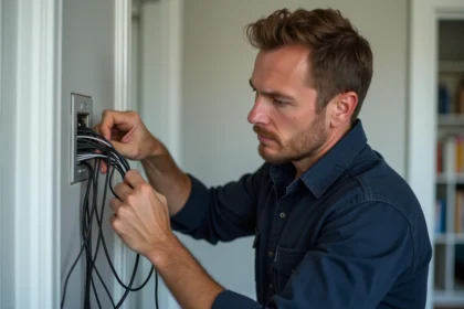 Électricien inspectant un faisceau de fils électriques dénudés