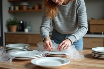 Femme emballant des assiettes en porcelaine avec du bubble wrap