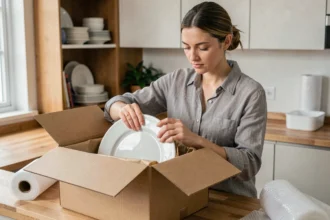 Femme emballant de la vaisselle dans un carton de déménagement avec du papier bulle dans une cuisine moderne