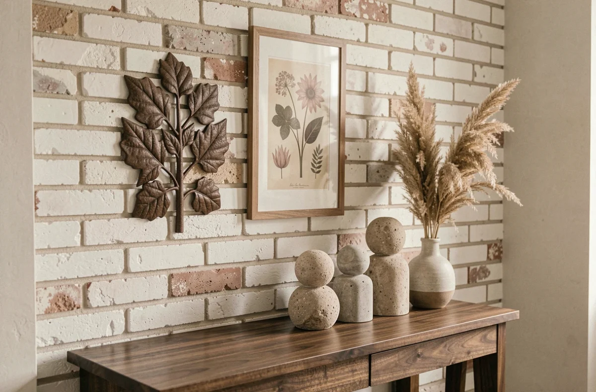 Entrée décorée avec sculpture murale botanique, statuettes en pierre et console en bois sombre pour un intérieur original