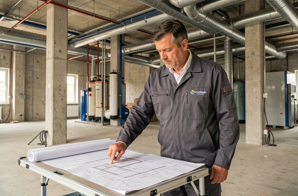 Spécialiste en génie climatique étudiant des plans d'installation de climatisation sur un chantier commercial en Lorraine