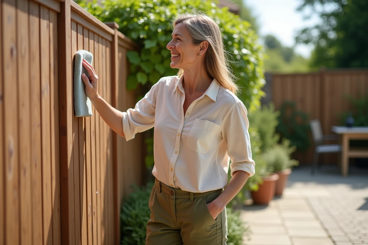 Femme entretenant facilement une clôture Terrasto en composite dans un jardin privatif avec terrasse et plantes méditerranéennes