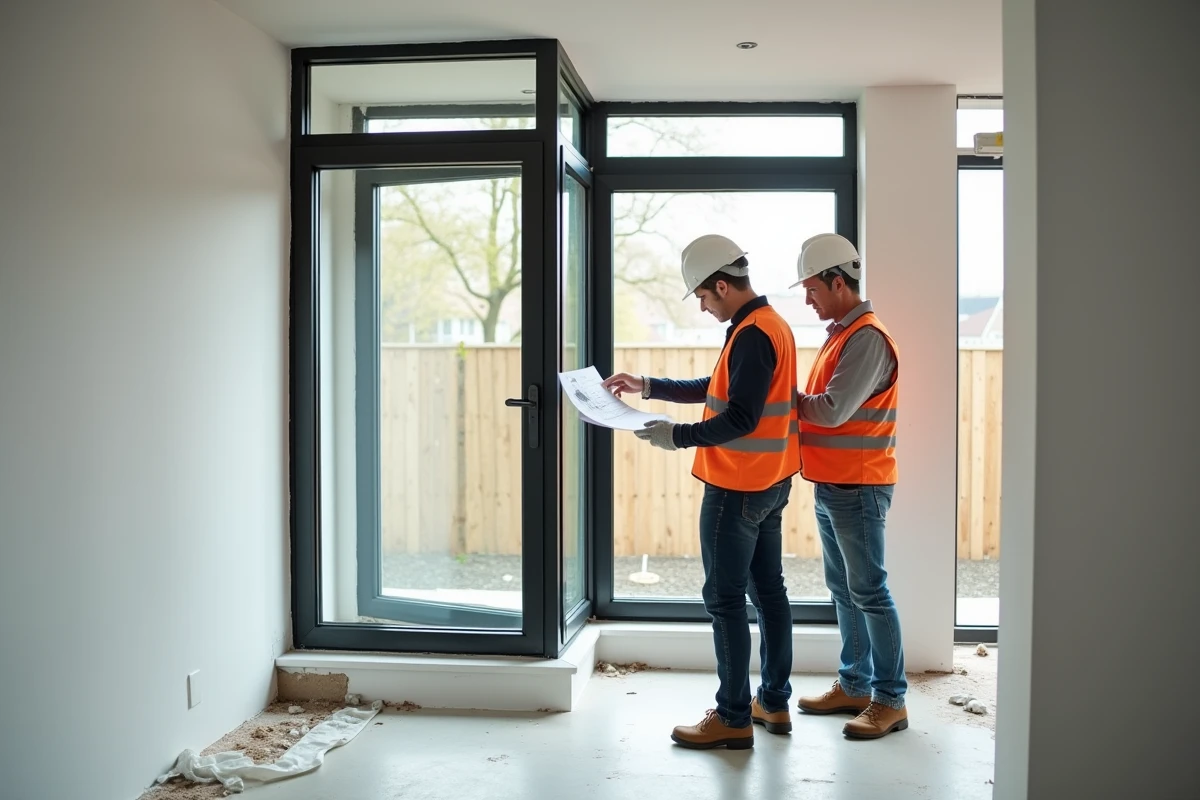 Deux professionnels du bâtiment vérifiant les plans d'installation d'une fenêtre TRISO Noir dans un appartement rénové