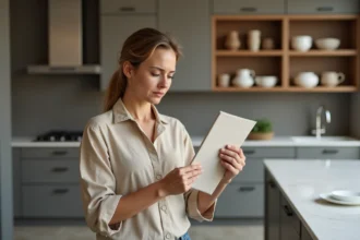 Femme comparant des échantillons de tissu et de meuble dans un showroom de cuisine moderne, illustrant une erreur fréquente lors du choix de matériaux chez Ancronix Maison