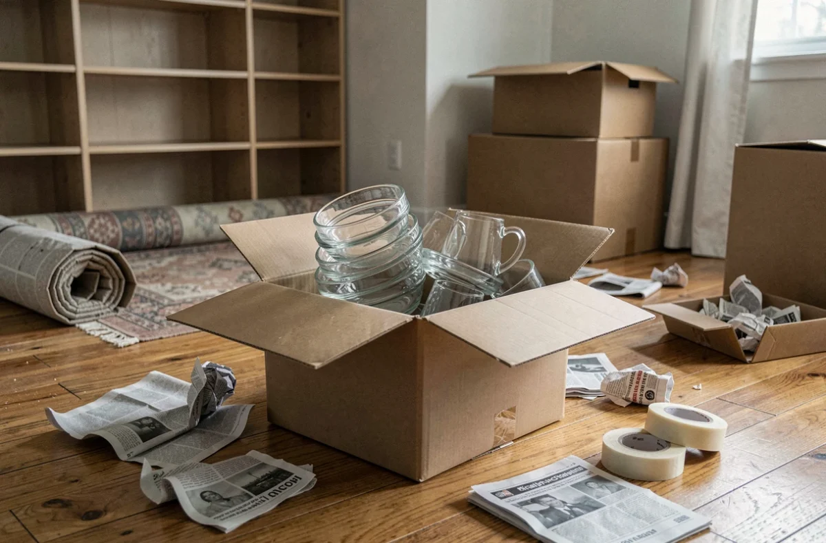 Carton de déménagement mal emballé avec vaisselle sans protection sur un parquet d'appartement
