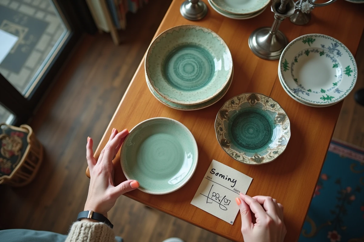Vue de dessus d'objets mal étiquetés sur une table de dépôt-vente, illustrant les erreurs de tarification courantes chez les vendeurs