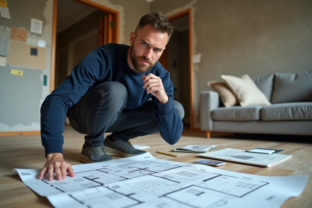 Homme accroupi analysant un plan d'aménagement dans un appartement en rénovation, représentant les erreurs de planification courantes à éviter lors d'un projet Ancronix Maison
