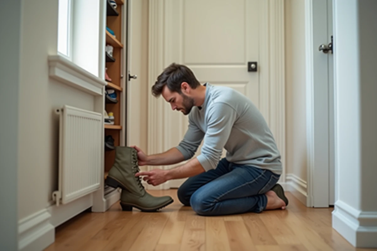 Personne essayant d'insérer une grande chaussure dans un meuble Nano trop petit, illustrant une erreur de dimensionnement