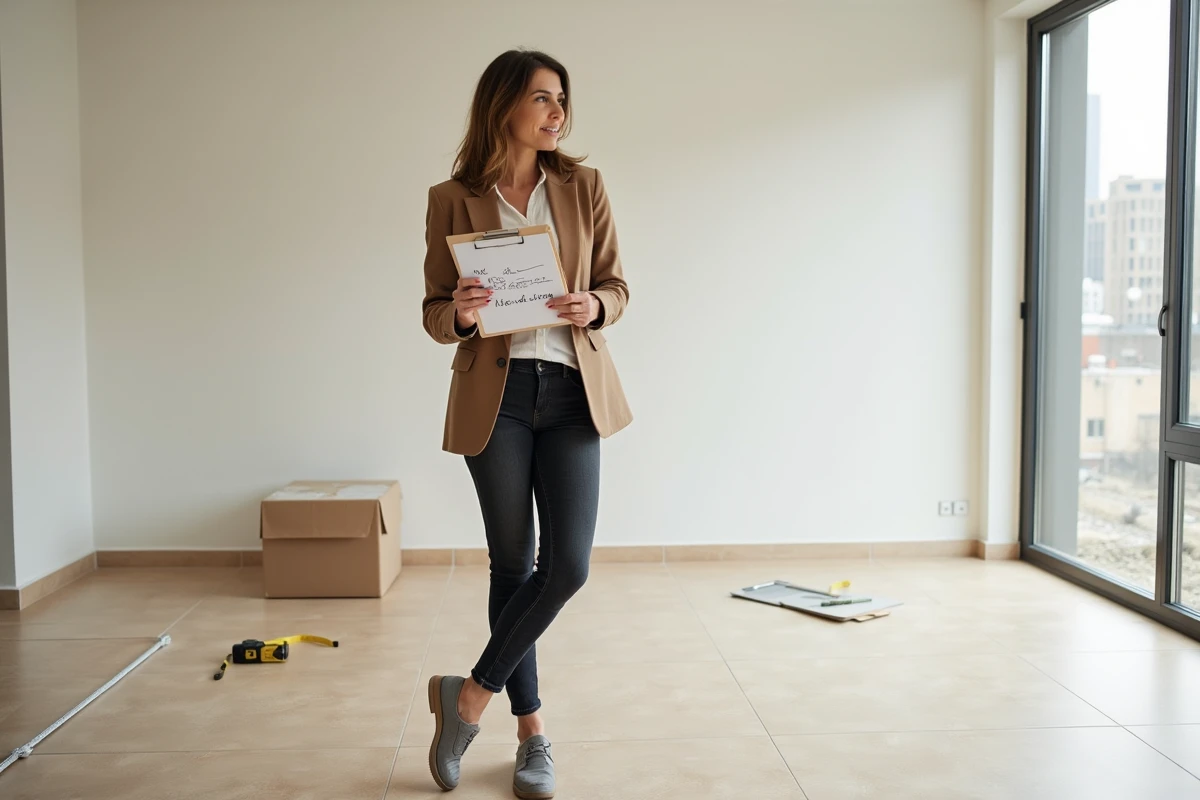 Professionnelle évaluant le coût de pose de carrelage au mètre carré dans un appartement neuf